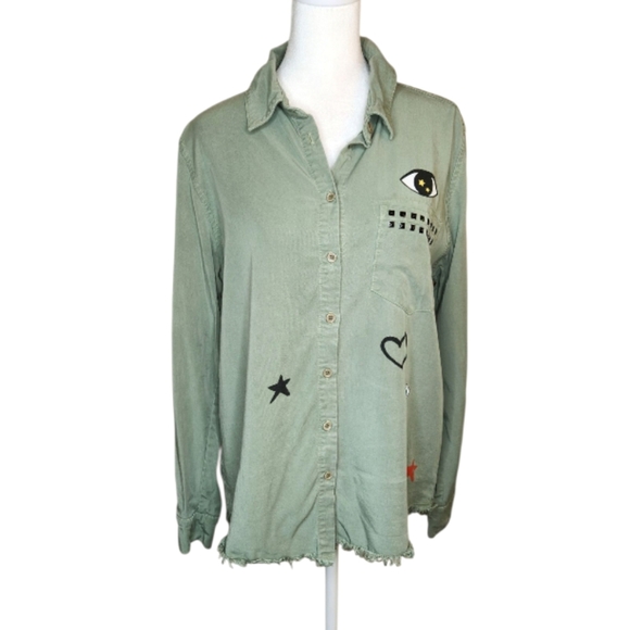 Lauren Moshi Sloane Cosmic Eye Button Up Green Shirt Size Small - Picture 1 of 12